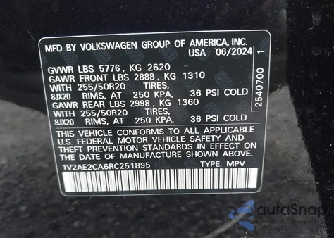 2024 Volkswagen Atlas Cross Sport 2.0T Sel R-Line from USA, damaged, VIN 1V2AE2CA6RC251895